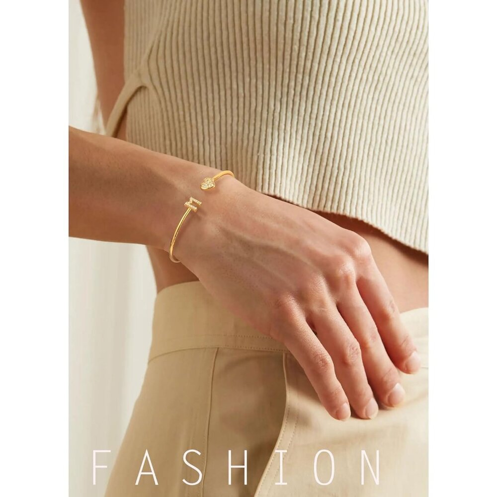 Adjustable Gold Initial Heart Bangle Bracelet For… - image 3